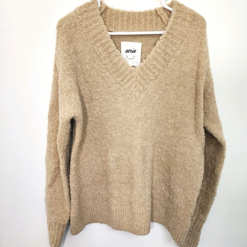 Aerie Beige Wool Blend Boucle Knit Oversized Baggy Long Sleeve Sweater Sz. XS